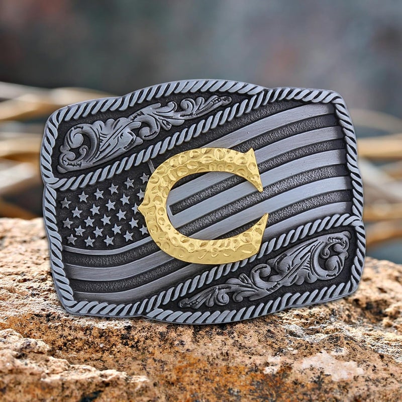 Fibbadet Store Western Cowboy Initial Letters A-Z American Flag Belt Buckle for Men Fathers Day Boyfriend Husband - Image 1